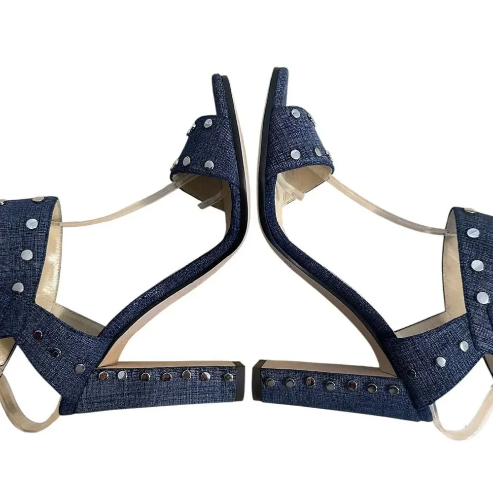 Jimmy Choo Veto 100 Blue Studded Ankle Strap High Heel Sandals 37.5 Wedding
